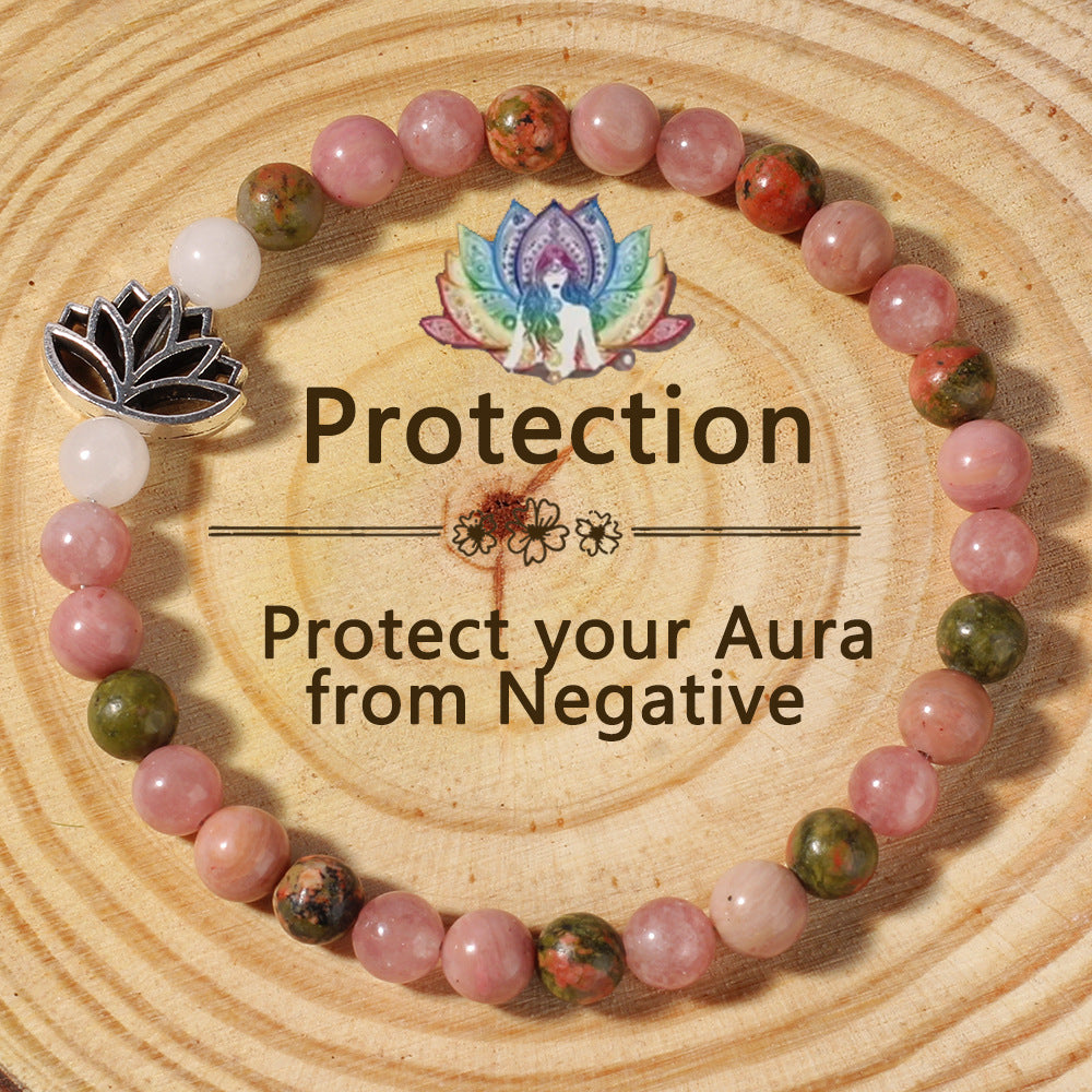 Style Natural Stone Rhodonite Crystal Bohemian  Bead Seven Pulse Lotus Bracelet