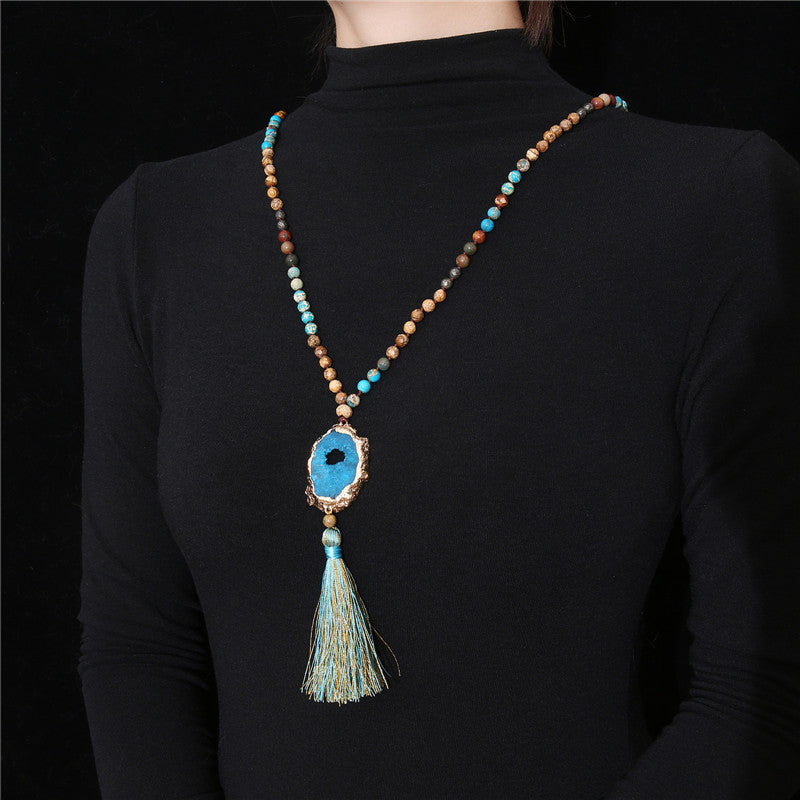 Bohemian Style Vintage Hollow Flower Green Tassel Ornament