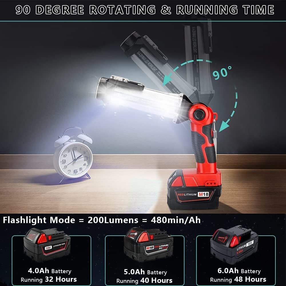 Cordless LED Work Light For Milwaukee 18v Battery 35W 2000MLM Floodlight Torch