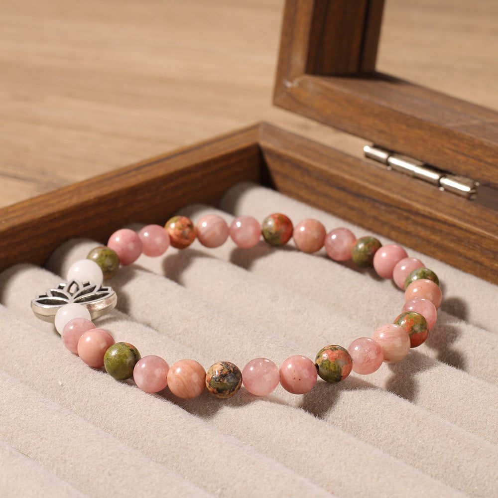 Style Natural Stone Rhodonite Crystal Bohemian  Bead Seven Pulse Lotus Bracelet