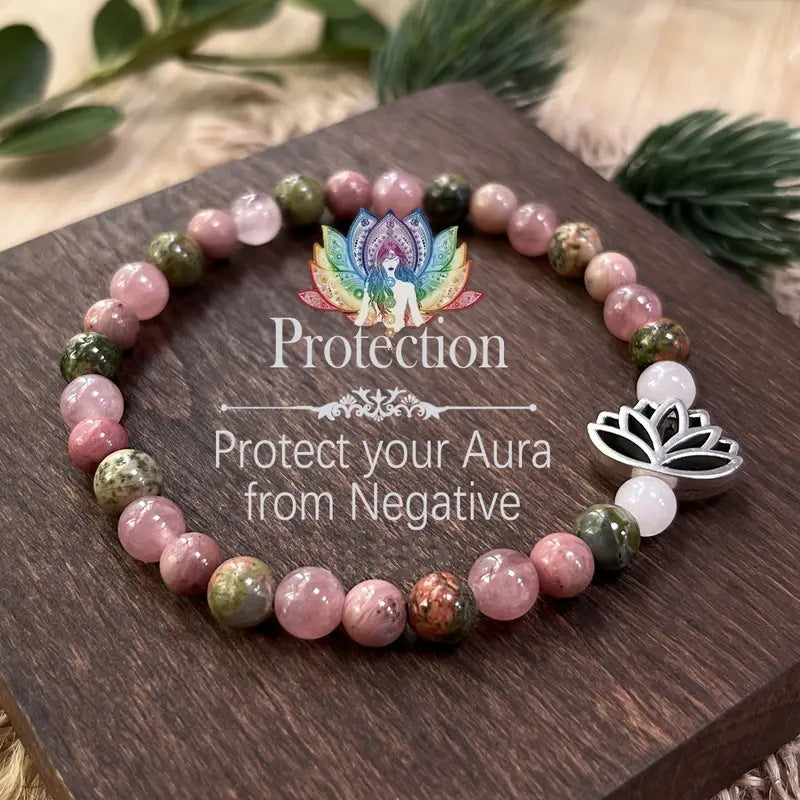 Style Natural Stone Rhodonite Crystal Bohemian  Bead Seven Pulse Lotus Bracelet