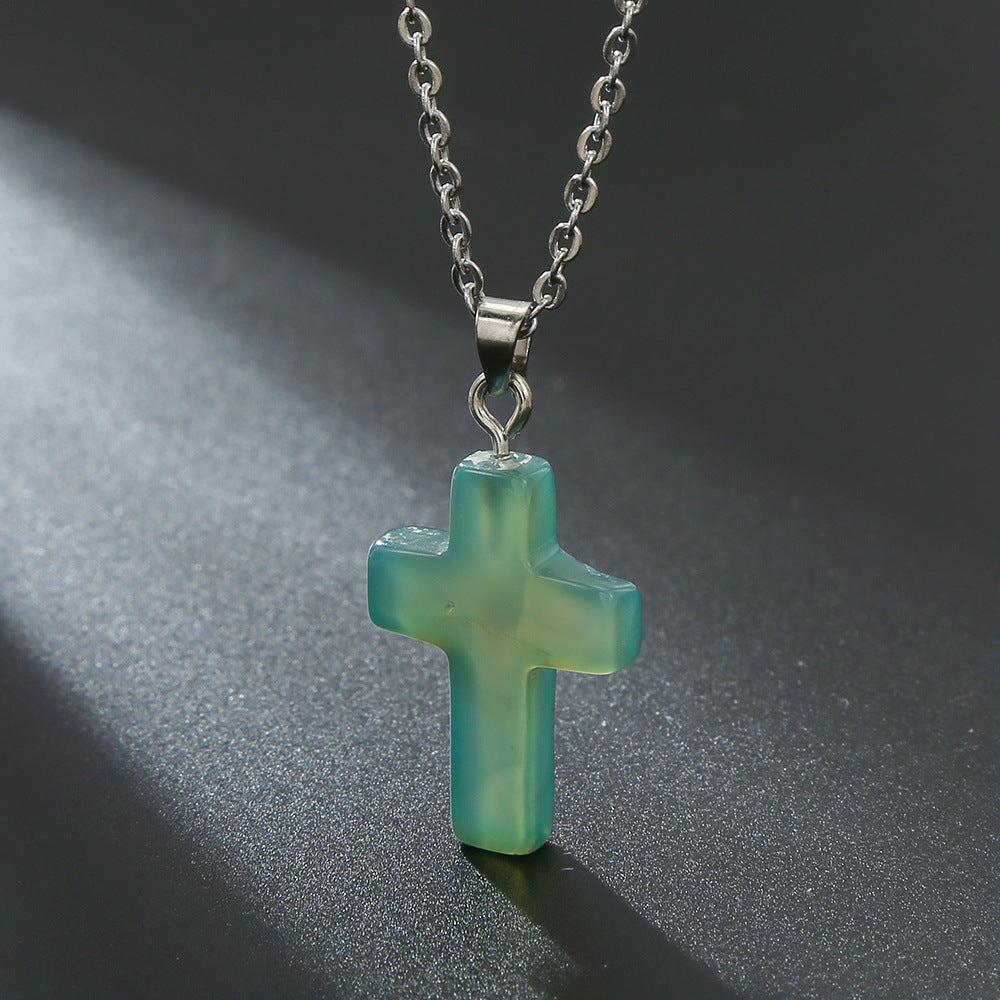 Natural Stone Agate Stone Cross Pendant Necklace