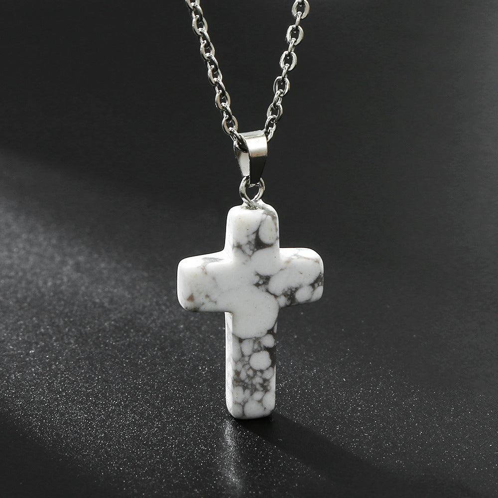 Natural Stone Agate Stone Cross Pendant Necklace