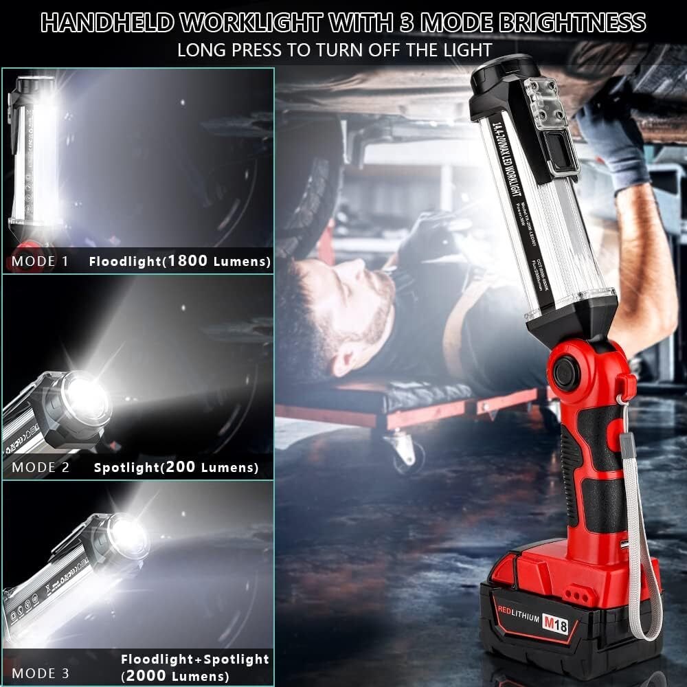Cordless LED Work Light For Milwaukee 18v Battery 35W 2000MLM Floodlight Torch