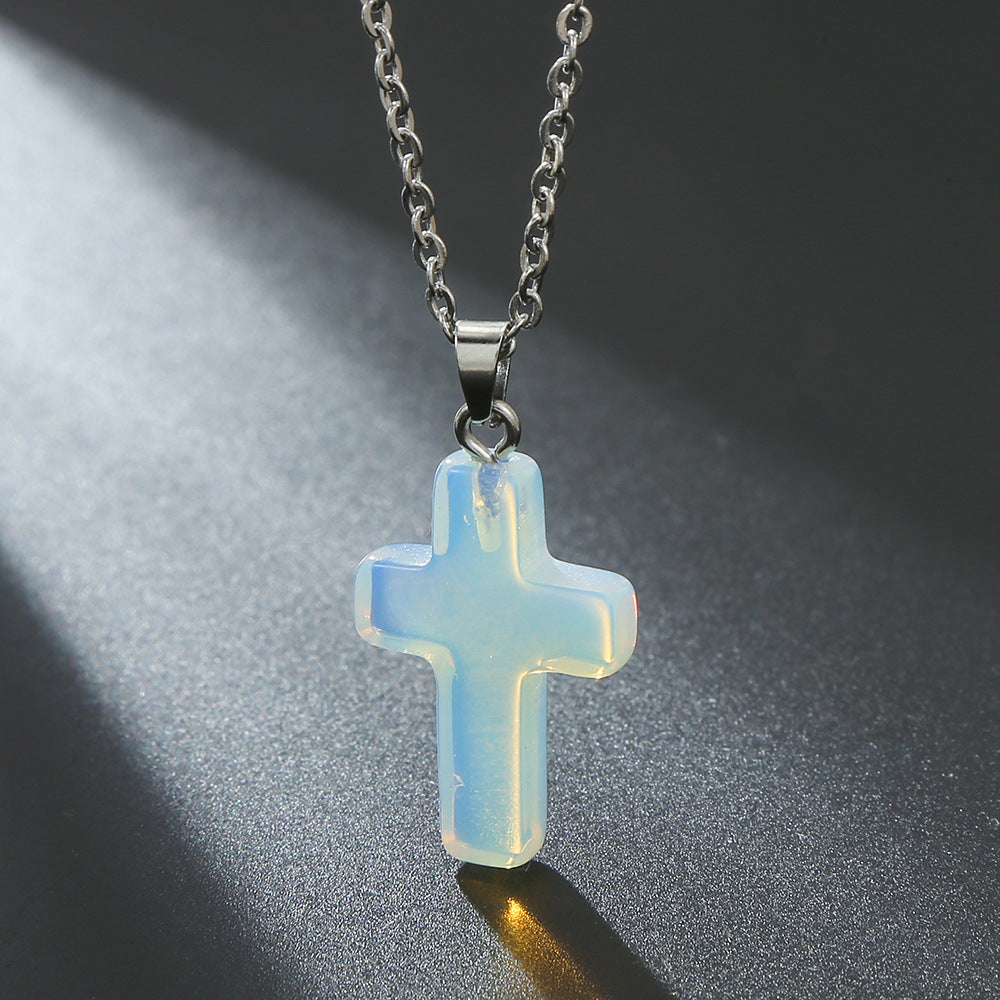 Natural Stone Agate Stone Cross Pendant Necklace