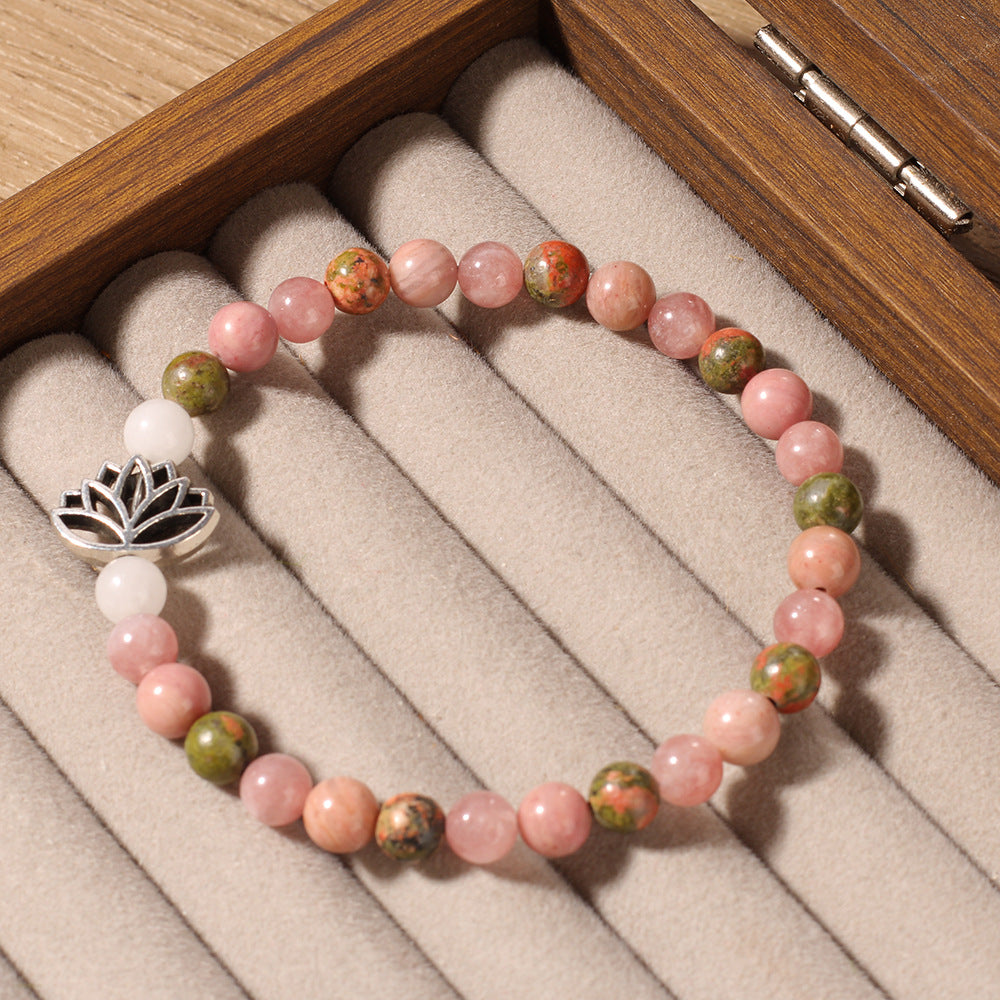 Style Natural Stone Rhodonite Crystal Bohemian  Bead Seven Pulse Lotus Bracelet