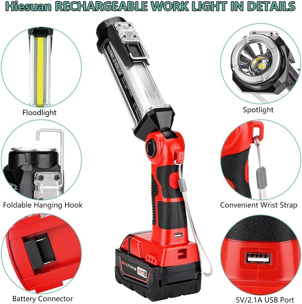 Cordless LED Work Light For Milwaukee 18v Battery 35W 2000MLM Floodlight Torch